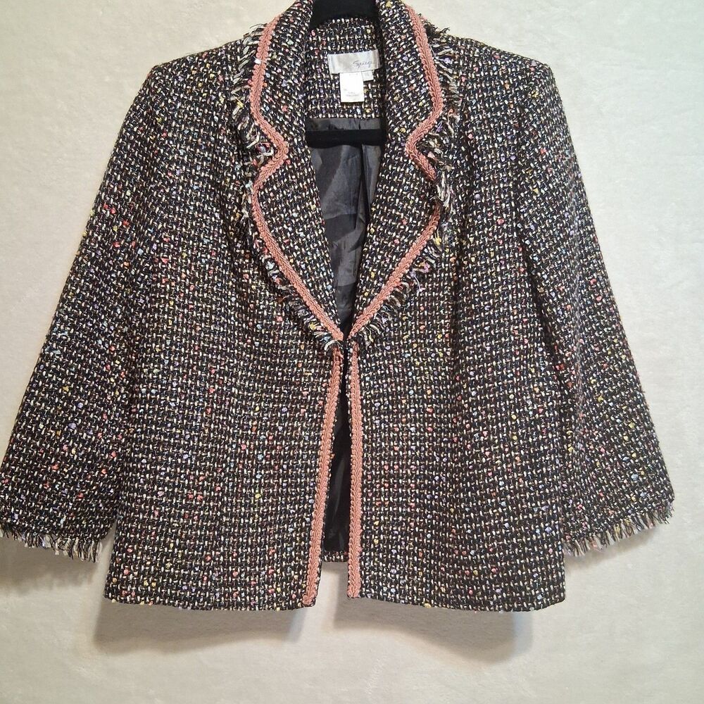 Spiegel 14 Blazer Tweed Black Multi Pastel Fringe Career Office Preppy Old Money